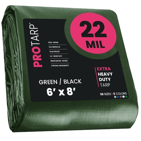 Protarp Heavy Duty Tarp, 6 ft x 8 ft, 22 Mil, Green/Black, Polyethylene, Waterproof, Rip and Tear Proof PT-203-6X8